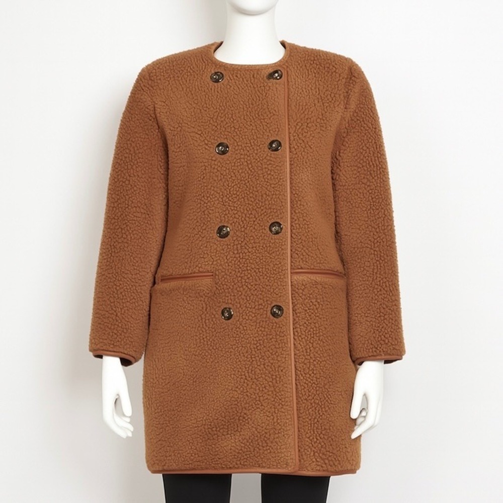 Ann Taylor Sherpa Coat Women's S Brown Teddy Fuzzy Double Breasted Winter Layer